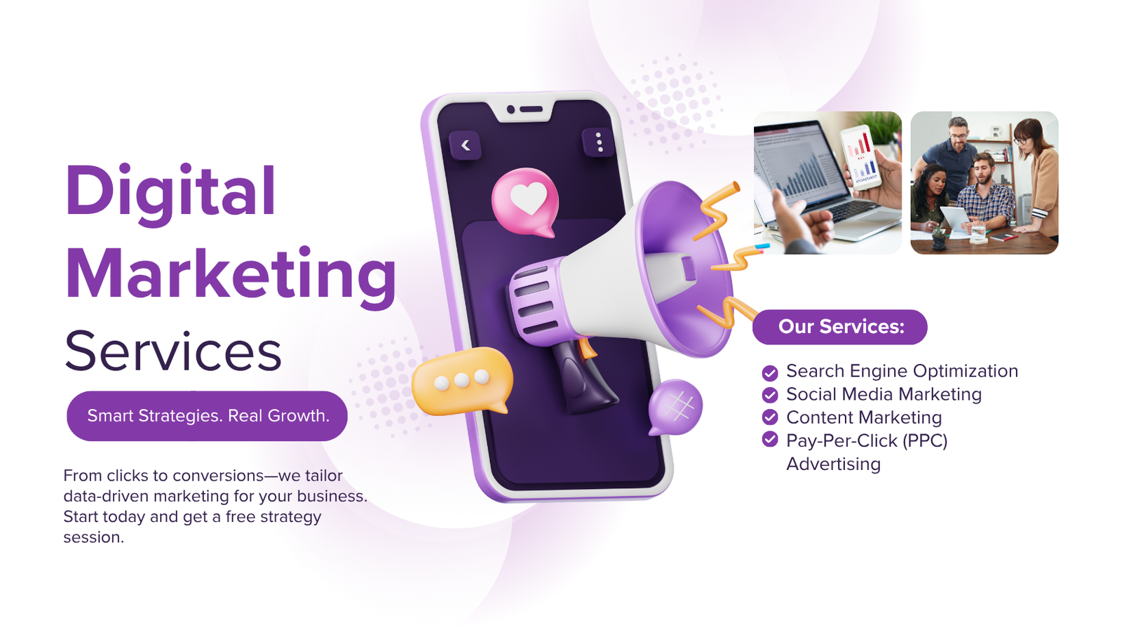 Purple and White Modern Digital Marketing Services Facebook Cover